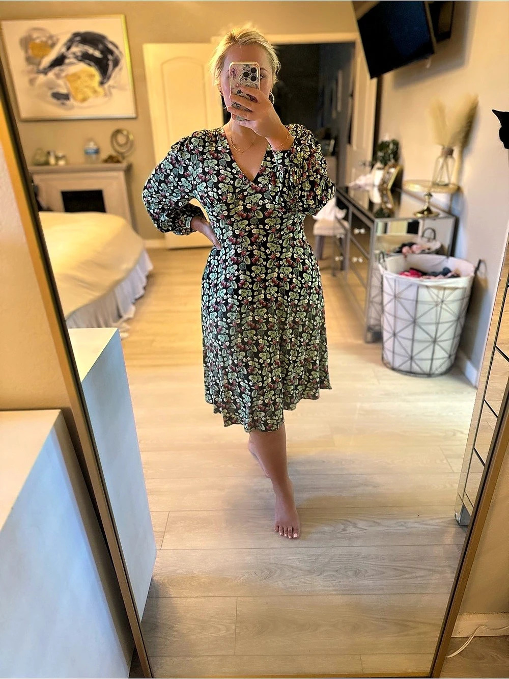 kate quinn strawberry vine Midi Dress in Black & Green Size Medium bamboo NWT